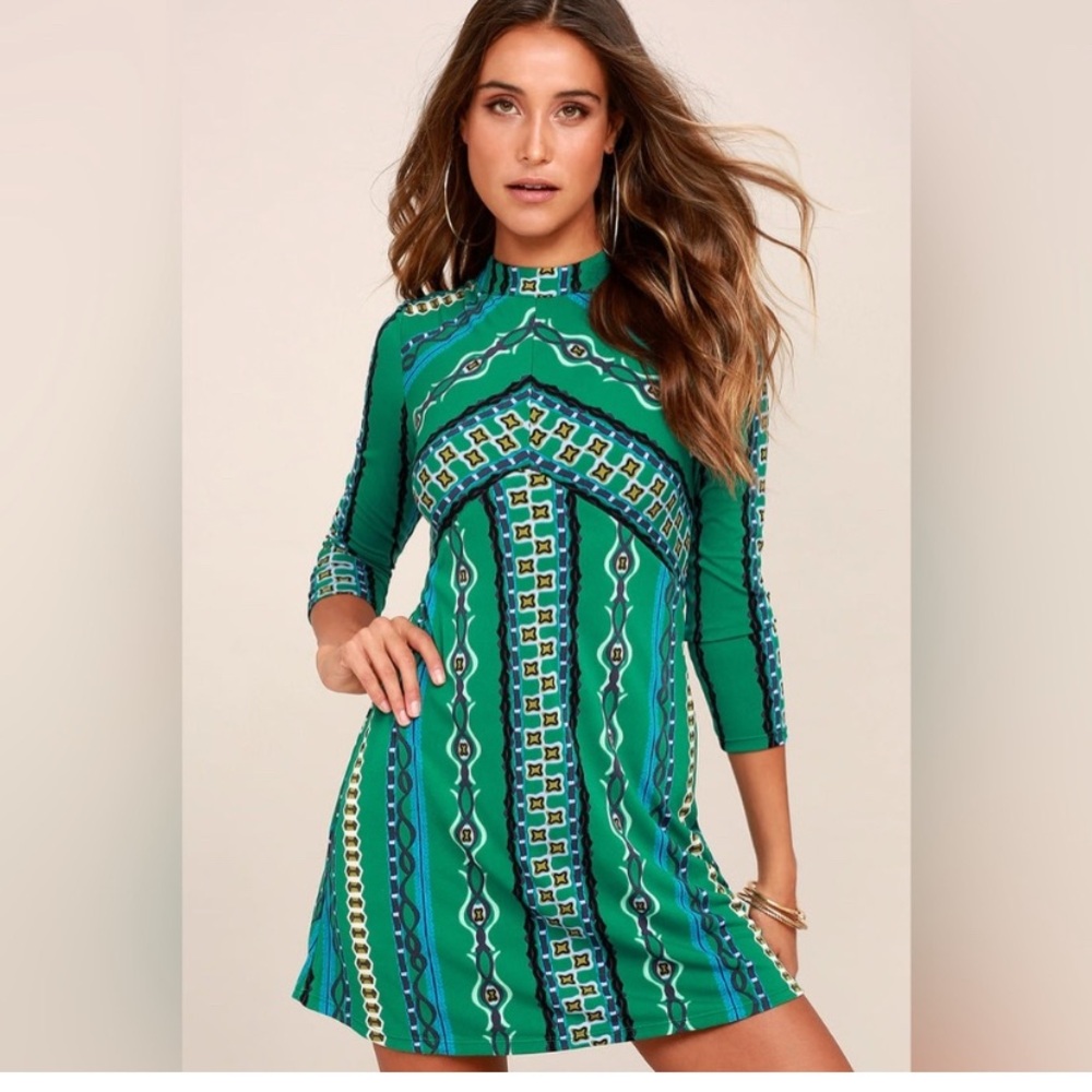 Free People Stella Printed Mock Neck Mini Dress Teal Green Fit & Flare Boho M